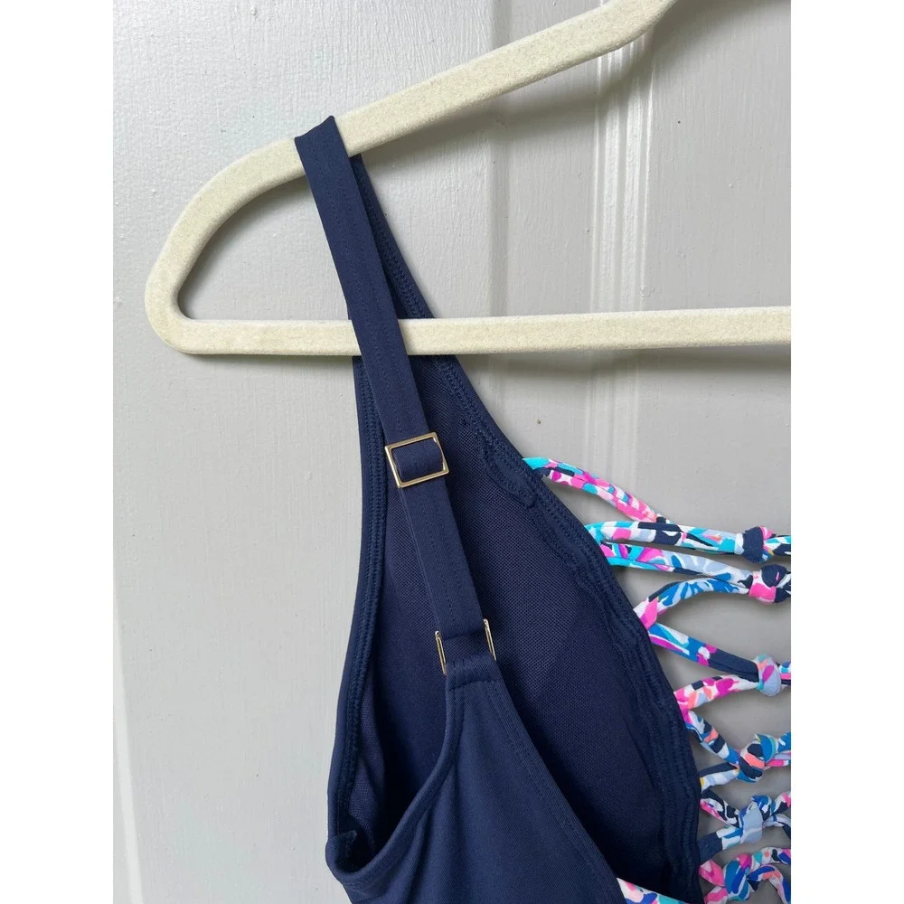Lilly Pulitzer Isle Lattice One-Piece Swimsuit 6 Navy Blue Lace Up Cruise Sexy